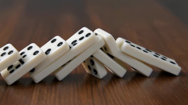 White domino pieces toppling over in a sequential chain reaction on a polished wooden surface.