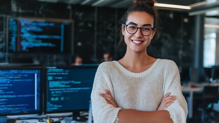 Confident Female Programmer Smiling in Modern Office with Multiple Computer Screens Displaying Code and Tech Environment