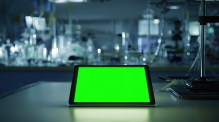 A tablet with a green screen is placed on a table in a laboratory setting, surrounded by scientific equipment and an out-of-focus background.