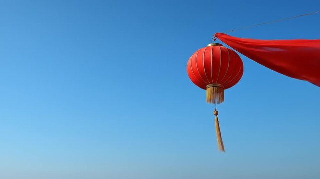 Red lantern with flowing fabric against a vibrant blue sky background