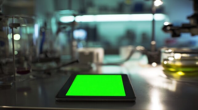 A tablet with a bright green screen sits on a laboratory table, surrounded by scientific equipment, highlighting a modern research environment.