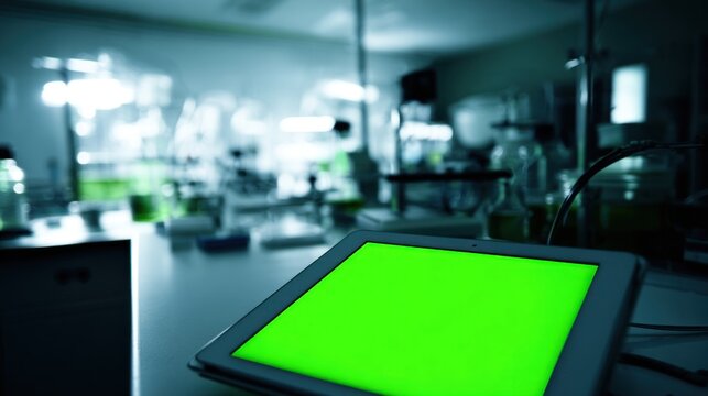 A dimly lit lab with a glowing green tablet on the table, surrounded by scientific equipment and glassware, creating a modern research atmosphere.