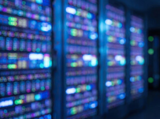Blurred server room with colorful bokeh lights