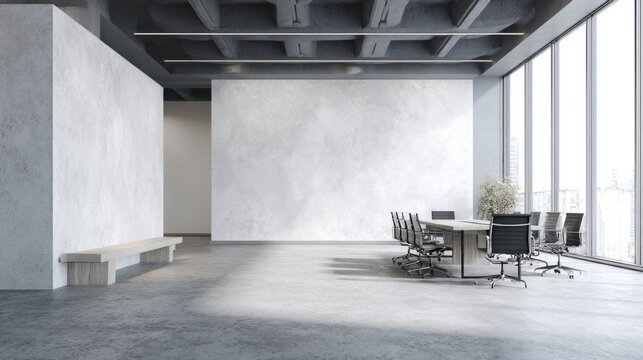 A modern, minimalistic office space featuring large windows, concrete walls, and a sleek conference table with chairs.