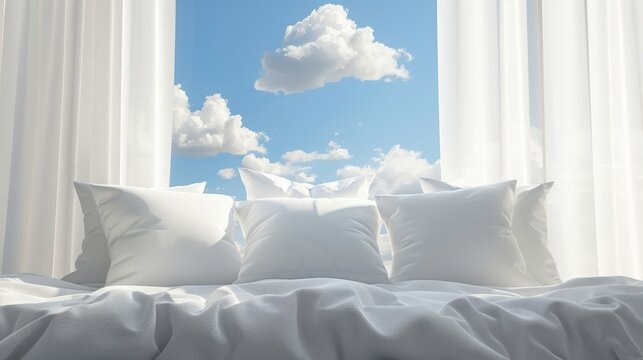Serene cloud bed scene with soft white pillows and translucent curtains for sleep promotions