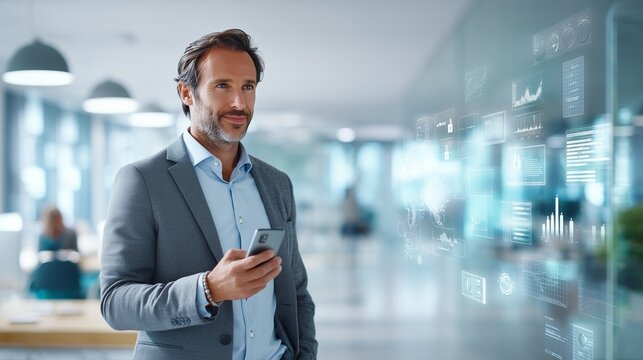 Professional Man Engaging with Digital Data Interface While Analyzing Information on a Smartphone in Modern Office Setting