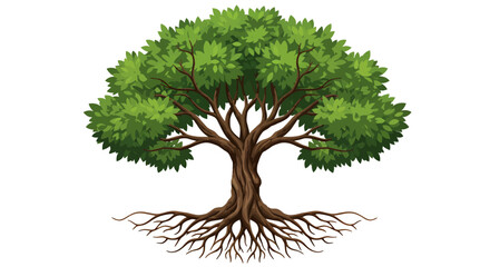 This vibrant green tree with strong visible roots is presented as a clean vector illustration, perfect for various graphic design projects.