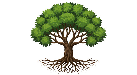 A vibrant, stylized illustration of a mature green tree with a strong trunk and intricate roots, standing isolated on a clean white background.