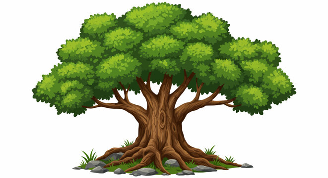 A vibrant vector illustration showcases a lush green tree with a sturdy trunk and sprawling roots, set against a clean white background, perfect for various design applications.