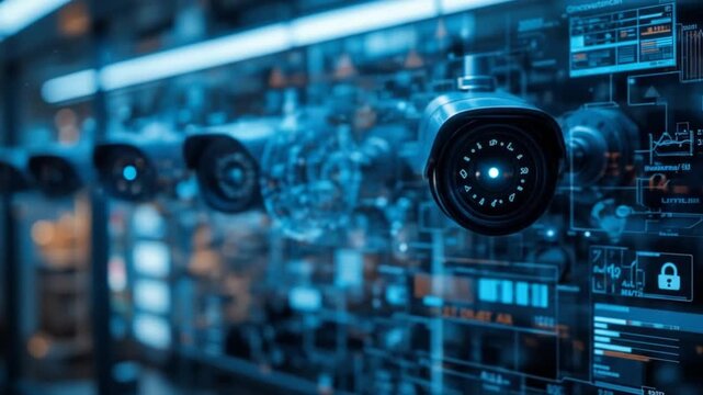 Digital CCTV cameras. Future AI, Artificial Intelligence. Futuristic surveillance system technology concepts. 4k video