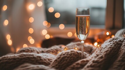 dcf. A champagne flute with golden bubbles on a wooden table beside a cozy blanket and festive confetti. bar promotions, beverage menus, designed for food & beverage menus and cafe branding.