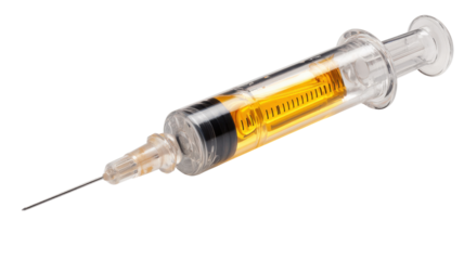 Syringe preparing injection with yellow liquid medication, presenting medical drug solution for pharmaceutical treatment and vaccine