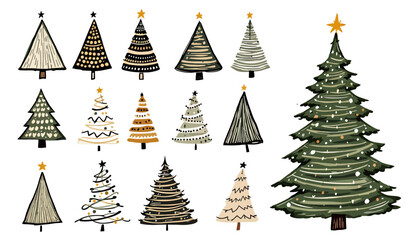 Obraz premium A collection of hand-drawn Christmas tree illustrations in various styles, perfect for holiday-themed designs, available as a vector png file for easy use and customization.