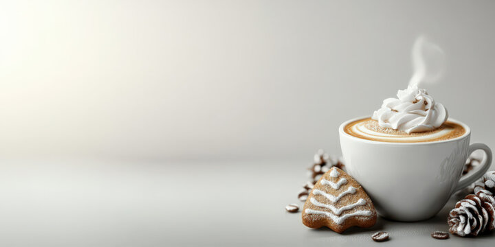 Coffee with a gingerbread isolated on bright background with copy space