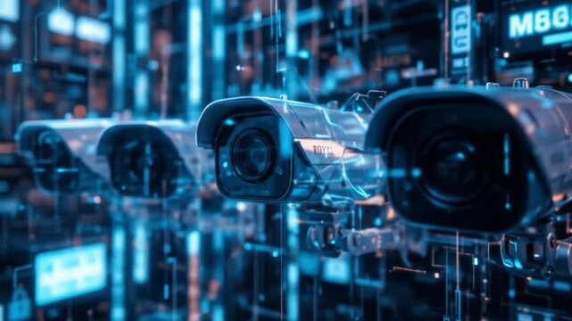 Digital CCTV cameras. Future AI, Artificial Intelligence. Futuristic surveillance system technology concepts. 4k video