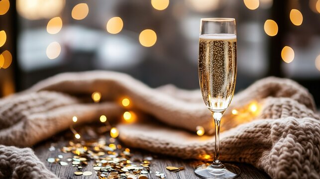 dcf. A champagne flute with golden bubbles on a wooden table beside a cozy blanket and festive confetti. bar promotions, beverage menus, designed for food & beverage menus and cafe branding.