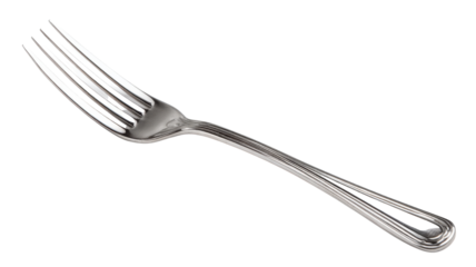 Metallic dining fork isolated on a transparent background, showcasing its polished surface, tines, and classic design