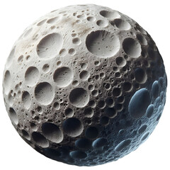 A spherical object resembling the moon with clear three-dimensional details, filled with deep craters and realistic shadows. An artistic design showcasing a fictional lunar surface with fine texture a