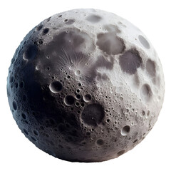 A spherical object resembling the moon with clear three-dimensional details, filled with deep craters and realistic shadows. An artistic design showcasing a fictional lunar surface with fine texture a