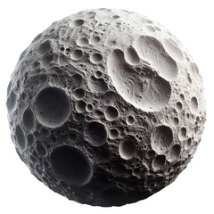 A spherical object resembling the moon with clear three-dimensional details, filled with deep craters and realistic shadows. An artistic design showcasing a fictional lunar surface with fine texture a