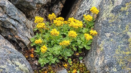 rhodiola. Rhodiola plants with yellow flowers growing from a crack in high-altitude granite. gardening catalogs, home-decor guides, designed for gardening and botanical catalogs.