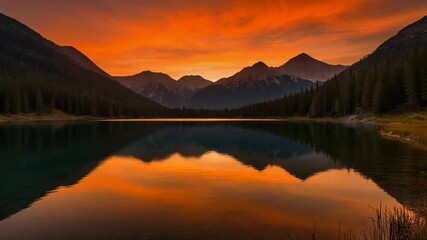 Tranquil lake reflecting sunset sky and mountain silhouette - Powered by Adobe