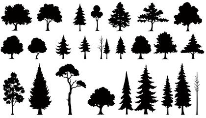 Fototapeta premium A collection of various tree silhouettes in vector format, perfect for design projects, offering diverse shapes and styles for creative applications and visual enhancements.