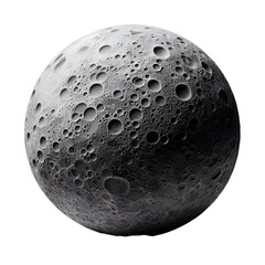 A spherical object resembling the moon with clear three-dimensional details, filled with deep craters and realistic shadows. An artistic design showcasing a fictional lunar surface with fine texture a