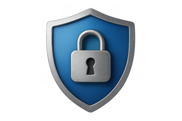 Shield icon holding a padlock, symbolizing strong cybersecurity, data secure, and online privacy. Transparent background