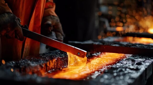 Medium shot of a technician quenching heated steel in a water bath to rapidly cool and harden the metal surface for increased strength.