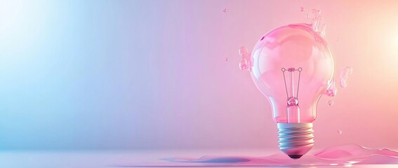 A pink light bulb surrounded by splashes of water on a gradient background.
