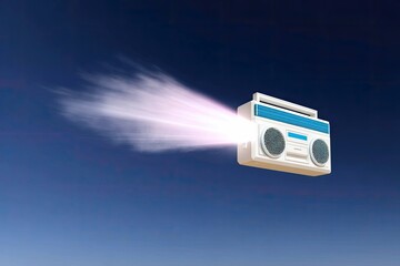 A white and blue boombox emitting a burst of light against a blue sky.