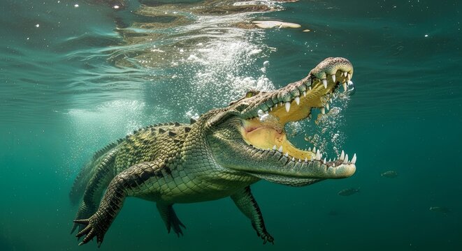 Underwater Crocodile with Open Jaws, Bubbles, and Sharp Teeth, Wildlife Portrait.