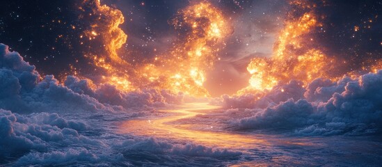 Obraz premium Fiery cloudscape, celestial river, fantasy scene, artwork