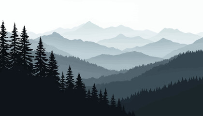 Fototapeta premium A beautiful vector illustration depicts a serene mountain landscape with layered peaks and silhouetted fir trees appearing through a soft, misty atmosphere.