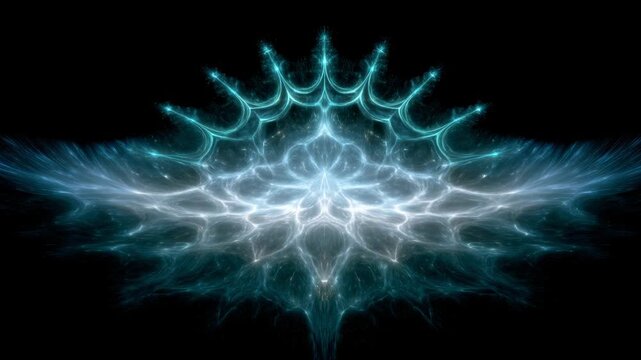 Mystical teal fractal energy orb with radiating light and symmetrical filigree pattern evoking wonder ethereal turquoise fractal pattern resembling