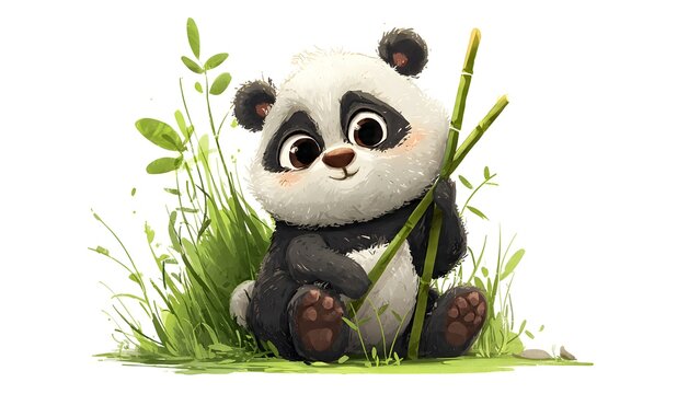 Cute wild baby panda bear illustration eating bamboo in the china nature forest