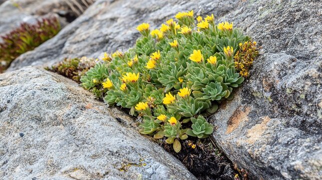 rhodiola. Rhodiola plants with yellow flowers growing from a crack in high-altitude granite. gardening catalogs, home-decor guides, designed for gardening and botanical catalogs.