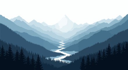 A serene vector illustration depicts a tranquil mountain landscape with layered blue hills, a winding river, and lush green trees, creating a peaceful nature scene.
