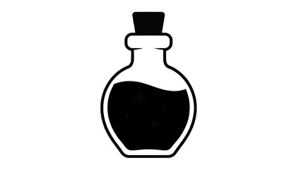 Vector illustration&nbsp;of black and white icon of a potion bottle with sparkling liquid inside, isolated on transparent background