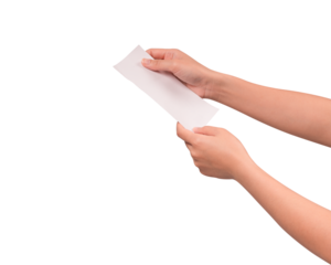 Hand holding a long blank shopping receipt paper isolated on a transparent PNG.