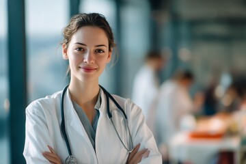 Confident medical professional in a bright clinical environment, showcasing expertise and dedication to patient care and health improvement.