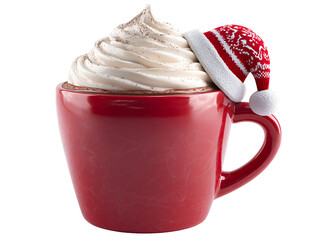 Festive red mug filled with whipped cream and a tiny santa hat isolated on transparent background