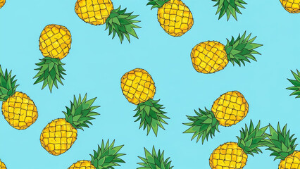 Seamless Pineapple Pattern on Blue Background