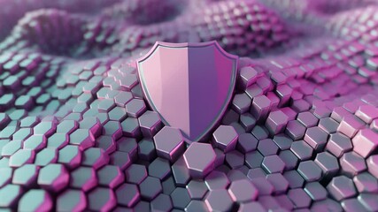 Abstract pink shield floating above hexagonal pattern surface - Powered by Adobe