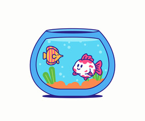 Fototapeta premium Round aquarium bowl featuring two cheerful fish, bright plants, and tiny bubbles in clear blue water. Ideal for themes of pets, aquariums, and playful underwater scenes in cartoon illustration vector