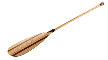 Wooden boat oar with a distinct grain pattern, featuring a paddle blade and shaft, used for canoeing and rowing, transparent background