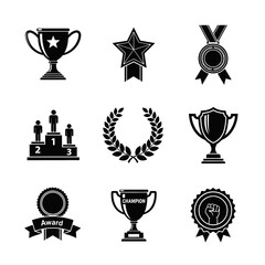 Trophy Icons Featuring Medals, Laurels, Podiums and Achievement Badges