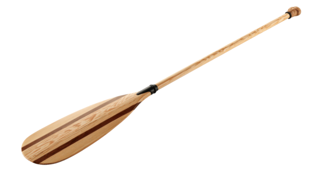 Wooden boat oar with a distinct grain pattern, featuring a paddle blade and shaft, used for canoeing and rowing, transparent background