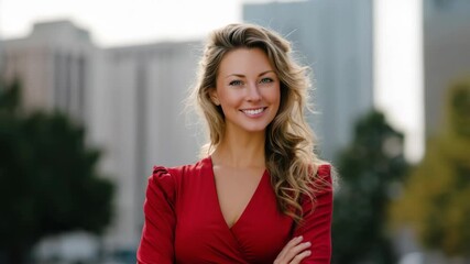 An elegant woman smiles confidently in front of a modern cityscape, showcasing a sophisticated look. Her warm smile and graceful pose highlight a sense of empowerment. 